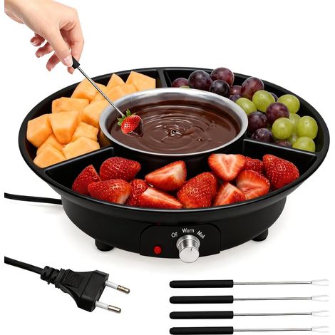 Fondue électrique au chocolat avec 4 brochettes - Fontaine à chocolat de 260 ml - 2 niveaux de température pour fondre et garder au chaud - Pour chocolat, fruits, biscuits de Noël (noir) (1/5)