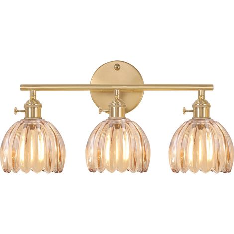 Applique de salle de bain, Applique murale 3 lumières en laiton pour miroir avec abat-jour ambré, douilles E27, Luminaire pour miroir, blanc chaud (1/5)