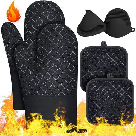 GENERIC-Gants de Four, 6 PCS Gants de Four et Maniques, Gants de Barbecue Anti-Chaleur Jusqu'à 500°C, Gants et Maniques Four de Antidérapants pour Gril, Adaptés pour la Cuisson, Le Grillage, Noir (1/5)