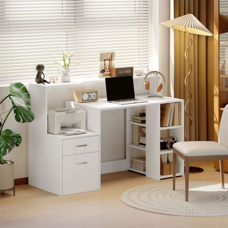 Bureau informatique, bureau d'ordinateur avec 2 tiroirs tablette d'imprimante, 137x55x92cm, blanc (1/5)