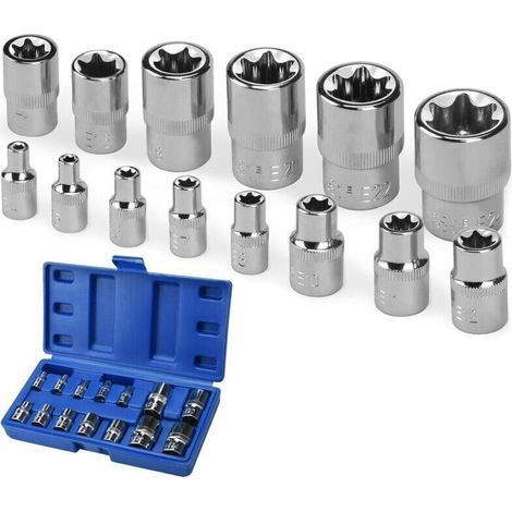 Coffret de 14 douilles Torx, douilles hexagonales Torx E4 à E24 sur rails 1/4", 1/2" et 3/8", douilles en acier au chrome-vanadium, hexagonales, étoile