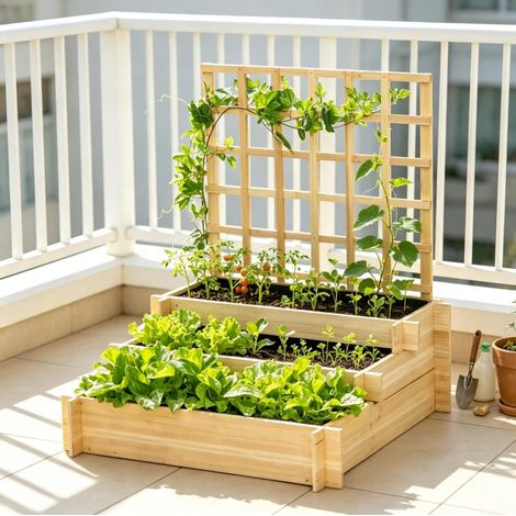 Jardinière surélevée 3 niveaux avec treillis 95 x 95 x 110 cm en bois de sapin naturel OKWISH (1/5)