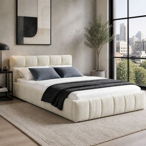 Einzelbett 90x200 cm beige in Chenille mit Holz- und Eisenrahmen und quadratischer Steppung (1/5)