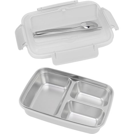 Lunchbox mit 3 Fächern aus Edelstahl 304, passendem Plastiklöffel und Essstäbchen, ideal fürs Büro (weiß). (1/5)