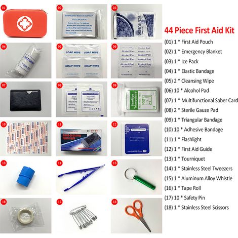 Trousse de premiers secours 44 pièces, pour maison, voiture, bureau, camping en plein air, randonnée, voyage, aventure, survie (1/5)
