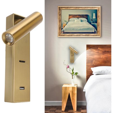 Applique murale minimaliste LED d'intérieur, lampe de lecture de bureau d'hôtel, applique murale avec interrupteur, sortie USB, lampe de chevet LED pour chambre à coucher, lumière blanche. (1/5)