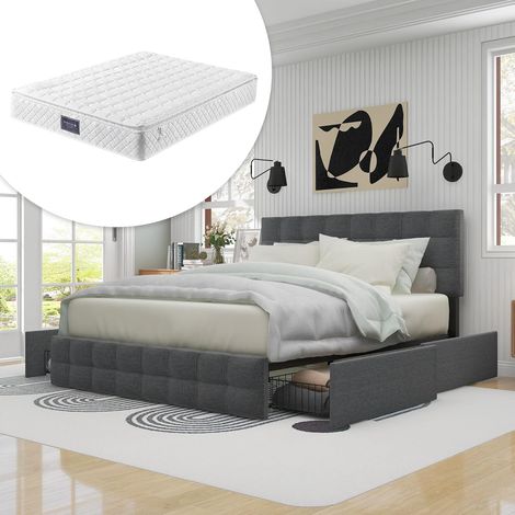 Cama doble tapizada con somier de láminas, cabecero regulable en altura y costuras cuadradas, soporte de láminas metálicas, tejido de lino, 140 x 200 cm (colchón incluido, gris). (1/5)