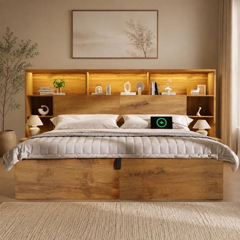 Lit double 160x200 cm en bois, chêne, rangement LED et USB-C pour chambre, sans matelas – MEUBLIV (1/5)
