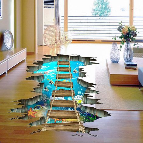 3D-Bodenaufkleber, Unterwasserwelt, Seesterne, bunte Fische, abnehmbar, Meeresliebe, niedliche Holzhängebrücke, PVC-Wandaufkleber, Sinnesraum D (1/5)