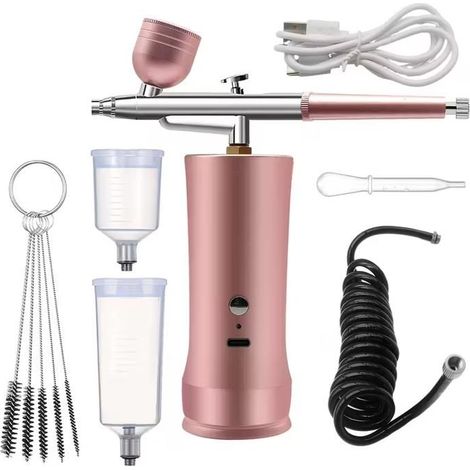 KLVGTIFS PU - Kit Aérographe Multi Fonctions avec Compresseur: Kit Aérographe Sans Fil avec Compresseur d'air, Brosse à Air Rechargeable (Rose) (1/5)