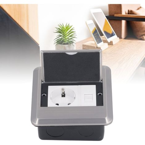 Unterputz-Bodensteckdose aus Edelstahl mit zwei Löchern + Netzwerkkabel, entspricht europäischen Normen, Edelstahl, mit Klappdeckel, CAT6, 250 V Wechselstrom (1/5)