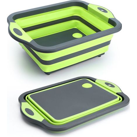 Tabla de cortar plegable verde mejorada con colador, tabla de cortar plegable de silicona multifuncional, tina para lavar platos, cesta de almacenamiento de colador de alimentos, escurridor y (1/5)