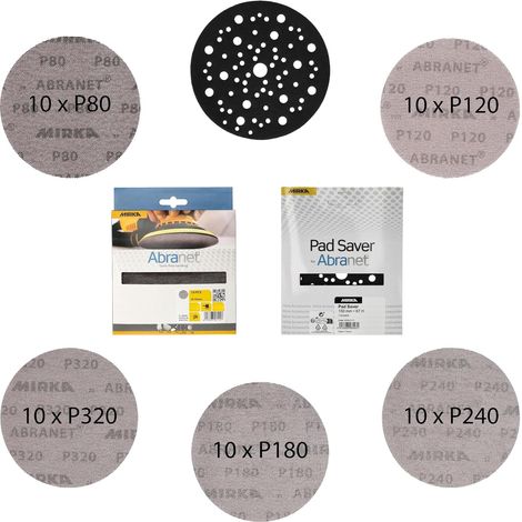 Mirka Abranet Netzschleifscheiben Ø 150 mm Klett, Mix-Pack 80/120/180/240/320, je 10 Stk, 51 Stk inkl. Pad Saver, für 150 mm Exzenterschleifer (1/5)