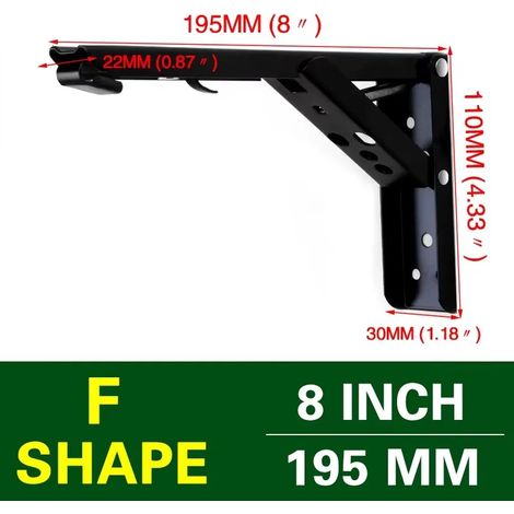 (Noir 8 pouces - 2 pièces) Support d'étagère pliable (2 pièces) avec charnière autobloquante à 90° pour fixation murale, support de table flottante pliable (1/5)