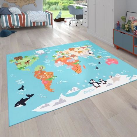 Tapis pour enfants, Tapis de jeu pour chambres d'enfants, Carte du monde avec animaux, En vert [80x150 cm] (1/3)