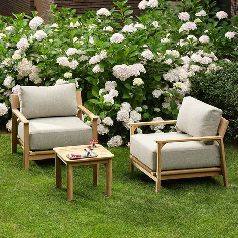 Salon de jardin bas en teck avec coussins gris chiné 2 personnes (1/5)