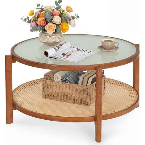 Table Basse Ronde, Table Basse à 2 Niveaux avec Plateau en Verre Trempé, Pieds en Bois d’Acacia, Étagère Ouverte en Rotin, 88 x 88 x 45 cm (1/5)
