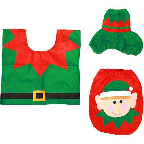 Décoration de Siège de Toilette Noël, Toilette Noël Décorations Set, Noël Couverture de Siège Toilette Ensemble, Siège WC Toilettes + Tapis + Toilette avec Housse de Boîte à Mouchoirs (Vert) (1/5)