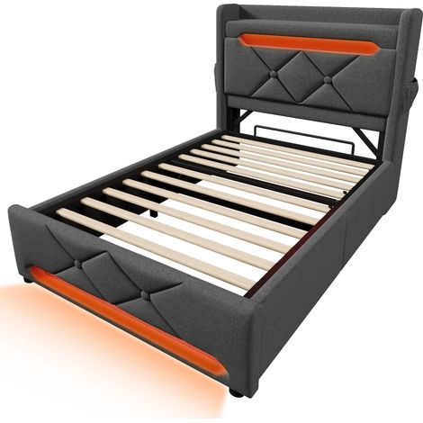 CAIziLit simple rembourré 90200, tête de lit avec rangement et ports USB et Type C, éclairage LED 360° tout autour de la tête et du pied du lit, lit avec rangement hydraulique, gris, lin (sans matelas (1/5)
