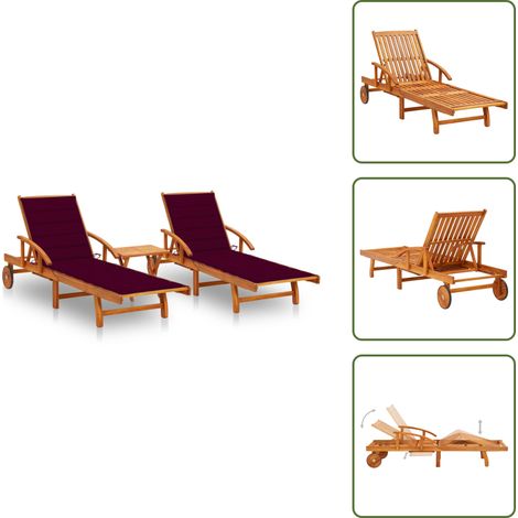 Chaises longues lot de 2 avec table et coussins Acacia solide - Chaise Longue - Mobilier De Jardin - Transats - Salon De Jardin - Meubles De Plein Air (1/5)