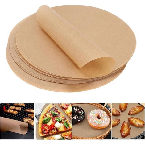 100 feuilles rondes de 30 cm de diamètre, antiadhésives et résistantes à la chaleur, pour la cuisson à la poêle, au four, au barbecue, pour les pizzas, les gâteaux et la friteuse à air chaud. (1/5)