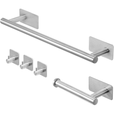Youyijia 5pcs Towel and Toilet Roll Holder Set Bathroom Accessories Set No Drilling, Self Adhesive Toilet Roll Holder, Towel Rail, Hook (Silver) (1/5)