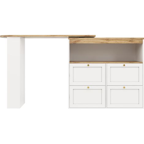 Table haute pivotante 360° en MDF blanc avec 4 tiroirs et rangements ouverts (1/5)