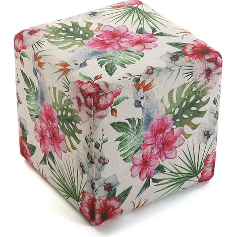 Pouf cube tropical motif perroquets, feuilles et fleurs 35x35x35cm BORNEO (1/2)