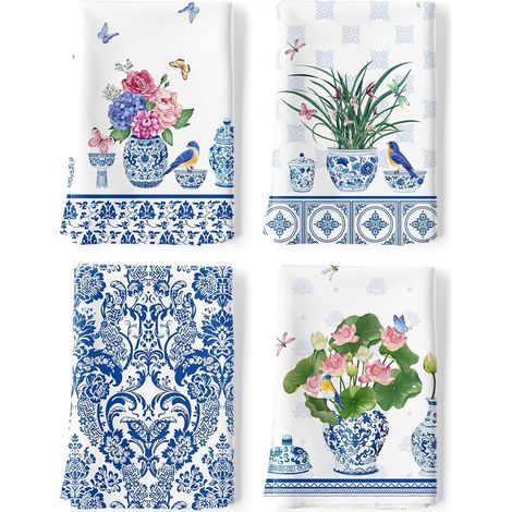 Torchons De Cuisine Coton Vaisselle Lot de 4, Serviettes de Cuisine Torchon Vaisselle 100% Coton avec Accroche Très Absorbant Serviettes de Bar 48 x 70CM Porcelaine Bleue et Blanche (1/5)
