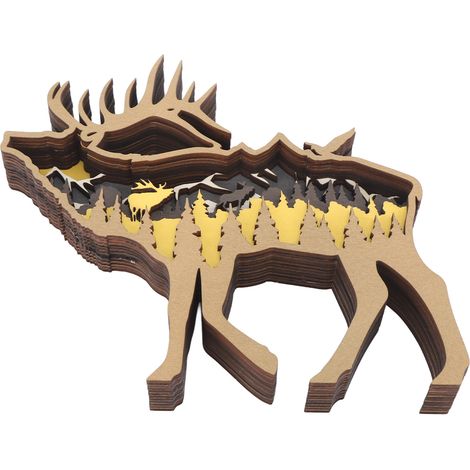 Sculpture en bois 3D, décorations en buis multicouches, animal creux, décoration de table pour Halloween, Pâques, renne (1/5)