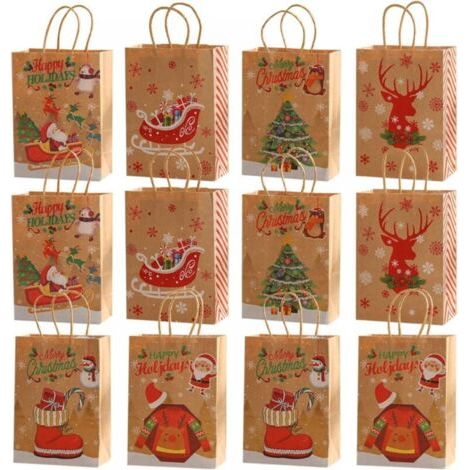 Sacs Cadeaux de Noël,12 Pièce Sac Cadeau Noel en Papier Kraft Pochette Cadeau Noel Reutilisable Sac Papier Cadeau Noel avec Poignée Pochettes de NoëL Sac en Papier pour Cadeau Bonbons Biscuits (1/5)