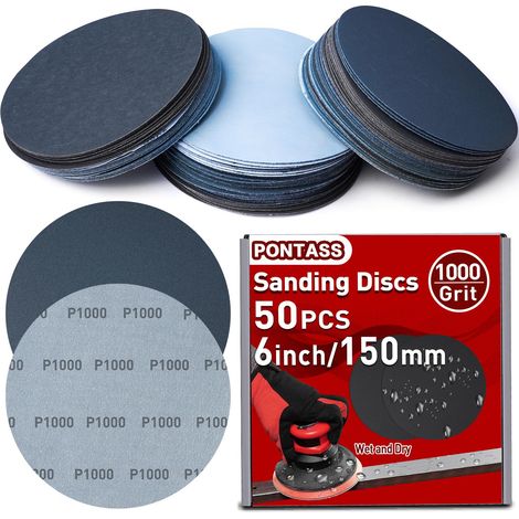 Disques de Ponçage 150mm, Grain 1000 Disques Abrasifs Auto-Agrippants, 50 Pièces Papier de Verre Sec à l'Eau Disques Abrasifs Ronds pour Auto, Mastic, Plastique, Vernis, Ponçage Sans Poussière, Métal (1/5)