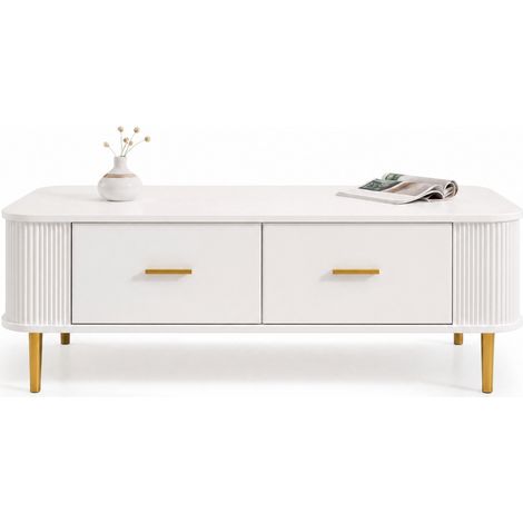 Table basse avec 4 tiroirs, bords arrondis et côtés ondulés, meuble de salon en MDF blanc, poignées et pieds dorés, pour salon familial - CHICFURN (1/5)