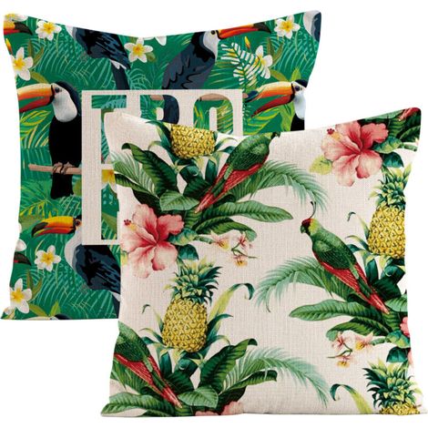 Ensemble de 2 housses de coussin décoratives à motifs floraux tropicaux, palmiers, feuilles et perroquets. Dimensions standard carrées (45,7 x 45,7 cm). Style aquarelle estival. (1/5)