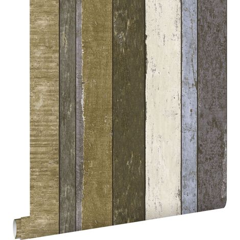 papier peint imitation bois beige, bleu et vert kaki - ESTAhome (1/5)