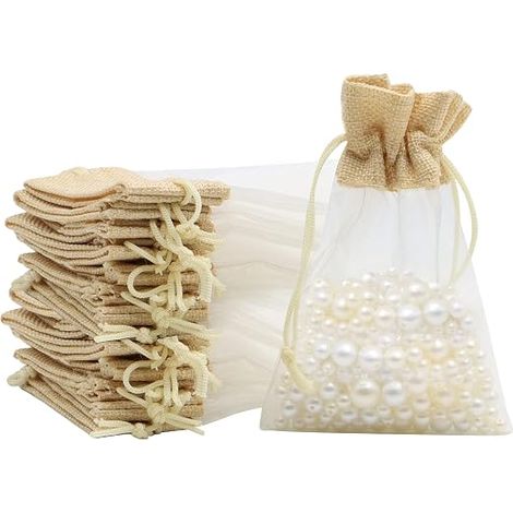 Sachets en organza de jute, lot de 24 (10 x 15 cm), avec cordon de serrage réutilisable. (1/5)