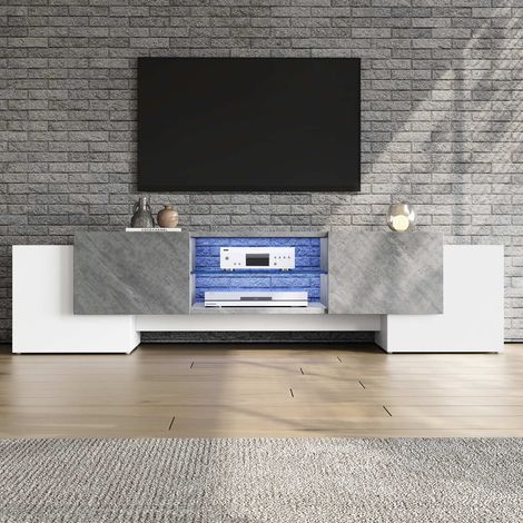 Meuble TV blanc et gris 180 x 40 x 46,5 cm avec LED contrôlée par app, 4 portes, étagère en verre trempé réglable, charge 30 kg (1/5)