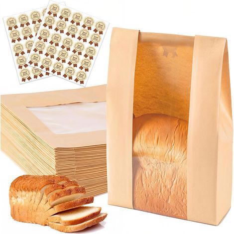 Confezione da 50 sacchetti per pane in carta kraft marrone con finestra, sacchetti per prodotti da forno con etichetta autoadesiva per conservare pane, lievito madre, biscotti e snack (30129 cm) (1/5)