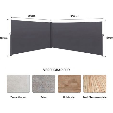 Store latéral extensible 180x600cm, protection UV, vent et pluie, gris, pour balcon et jardin (1/5)