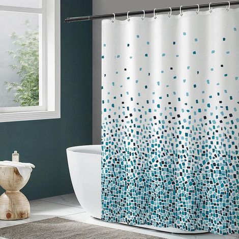 Rideau de Douche Polyester Imperméable Tissu Lavable en Machine Rideau Salle de Bain avec 12 Crochets 180x200CM Bleu (1/5)