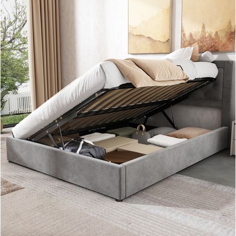 Lit capitonné Chesterfield 140x200 cm velours gris, cadre en acier, tête de lit matelassée, coffre relevable gauche/droite (1/5)