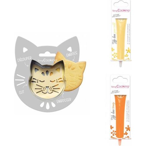 Kit pour biscuit en relief Chat + 2 Stylos au chocolat jaune pastel et orange