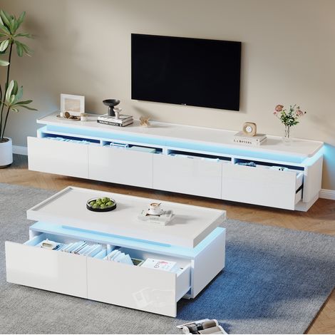 Meuble TV 180x34 cm blanc en panneau de particules brillant avec LED et 4 tiroirs pour TV 75 pouces (1/5)
