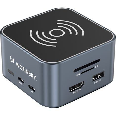 Hub 12 en 1 avec chargeur sans fil, ports USB-A, USB-C, HDMI, RJ45, carte SD/TF et mini-jack - Gris (1/5)