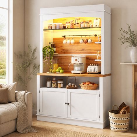 Buffet haut avec éclairage LED, étagère en verre et barre à crochets, 184 cm, blanc HAVRYA (1/5)