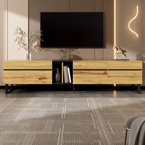 Meuble TV 180 cm avec abattant, niches ouvertes et 2 portes, bois, pour appartement et hôtel (1/5)