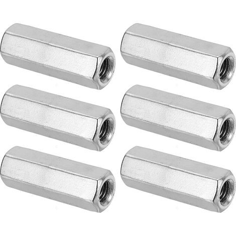 Ecrou Long M10 x 1.5 de Pas Écrou Hexagonal en Acier Inoxydable 304, 6Pcs 50mm/ 2" Longueur Raccords de Tige Filetés Grossiers, Écrous de Couplage, Ton Argent (1/5)
