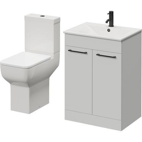 Napoli 460 Gloss Grey Pearl 600mm 2 Door Vanity Unit and Tacoma Comfort Height Toilet Suite with Angel Basin - 600mm - Matt Black 160mm Handle