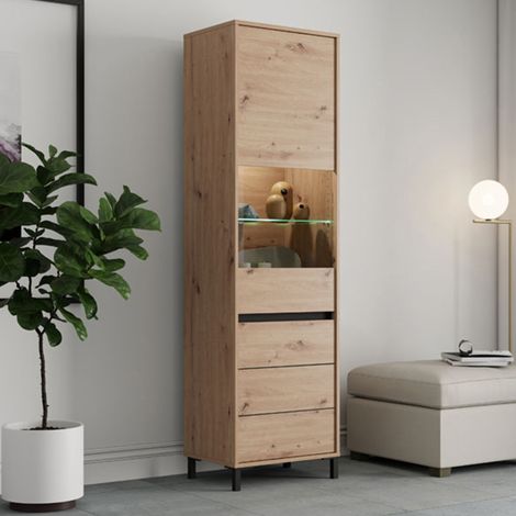 Vitrina Ovodda, Mueble Expositor 4 Estantes, 2 Puertas, con Patas, Puerta y Estante Detalle Vidrio, 55x40x193h cm Marrón Roble Nodoso (1/5)