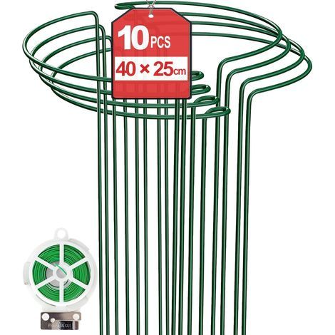 Lot de 10 - Tuteur pour plante - Support de jardin - Anneau de soutien en métal vert pour tomates hortensias légumes - Résistant aux intempéries - Vert - 25x40cm (1/5)